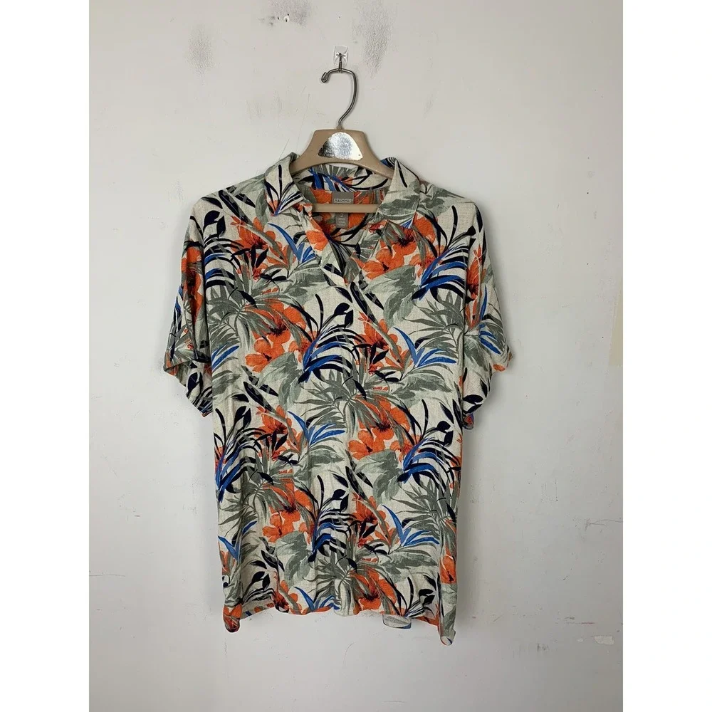 Chicos Womens Shirt 2 Large Tropical Linen Hawaiian Travel Vacation Resort Beach